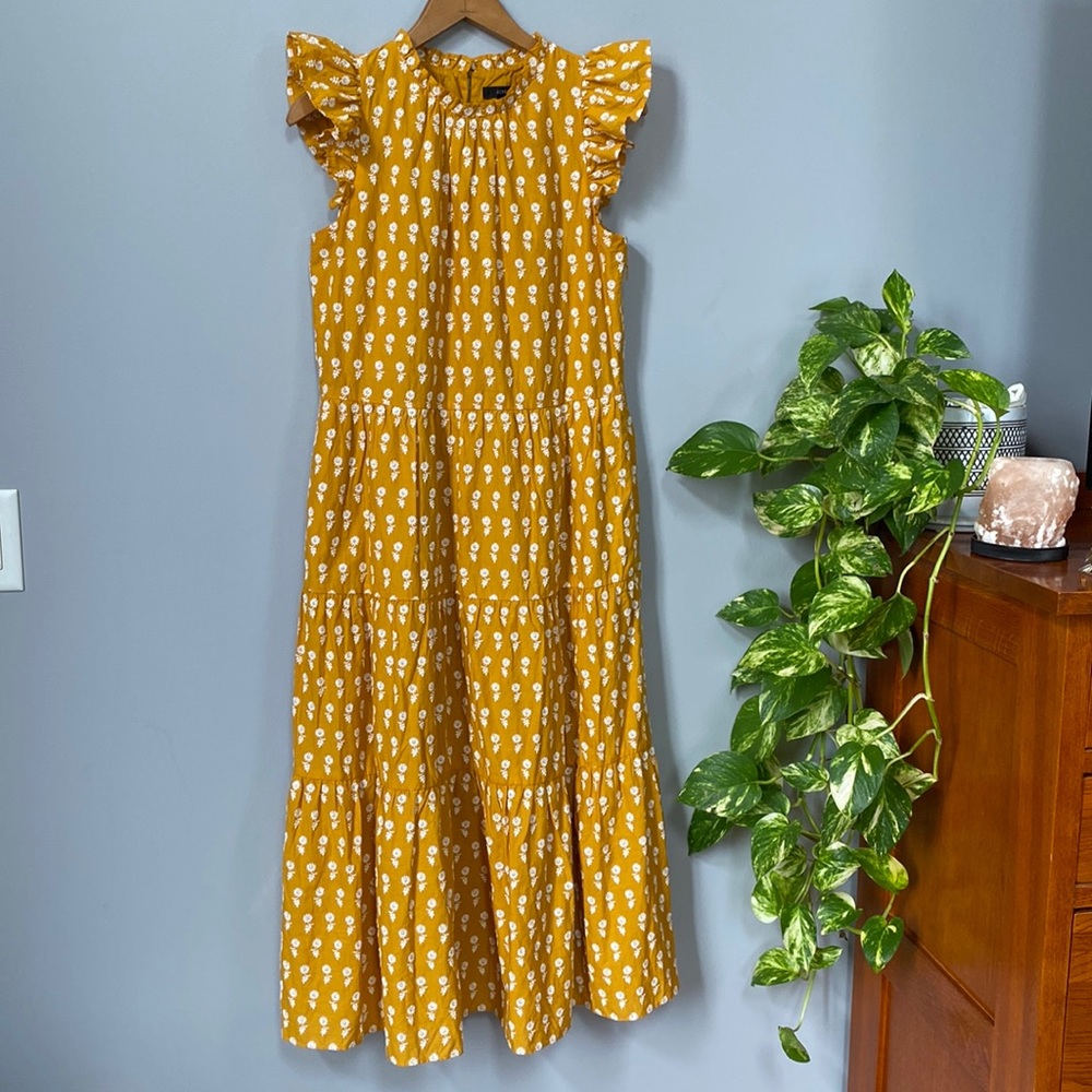 J Crew  yellow mustard embroidered floral summer dress.